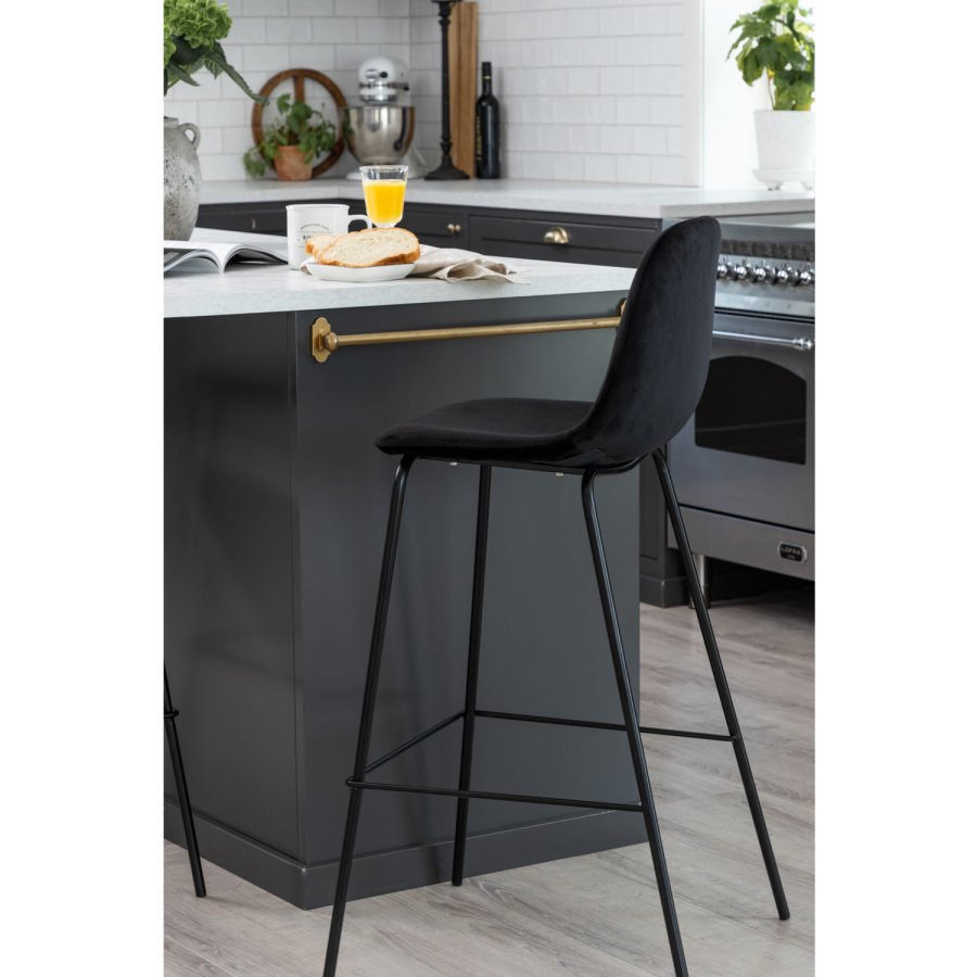 VENTURE DESIGN Polar barstol, med ryggsttte og fotsttte - svart velour og svart jern