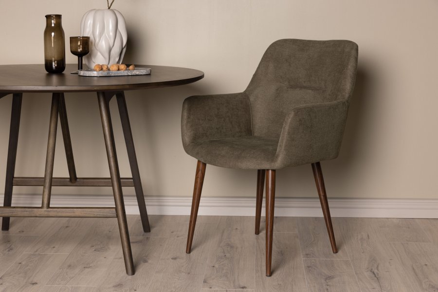 VENTURE DESIGN I morgen spisebordstol, m. armlen - mrk gr/brunt stoff og mrk valnttfarget stl