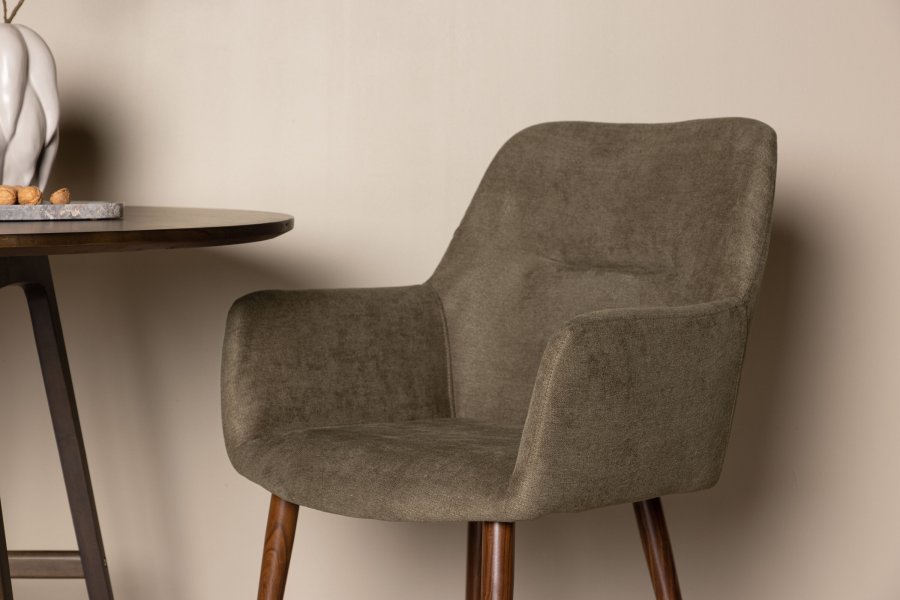 VENTURE DESIGN I morgen spisebordstol, m. armlen - mrk gr/brunt stoff og mrk valnttfarget stl