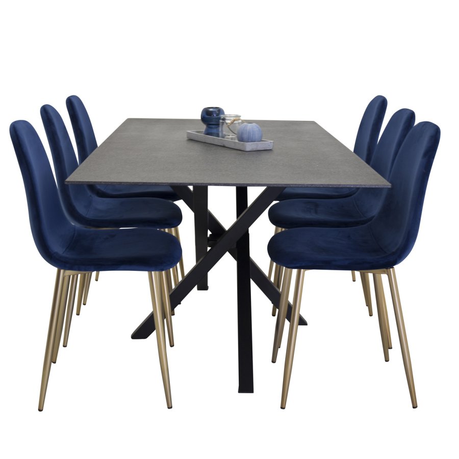 VENTURE DESIGN Polar spisestuestol - bl velour og messingmetall