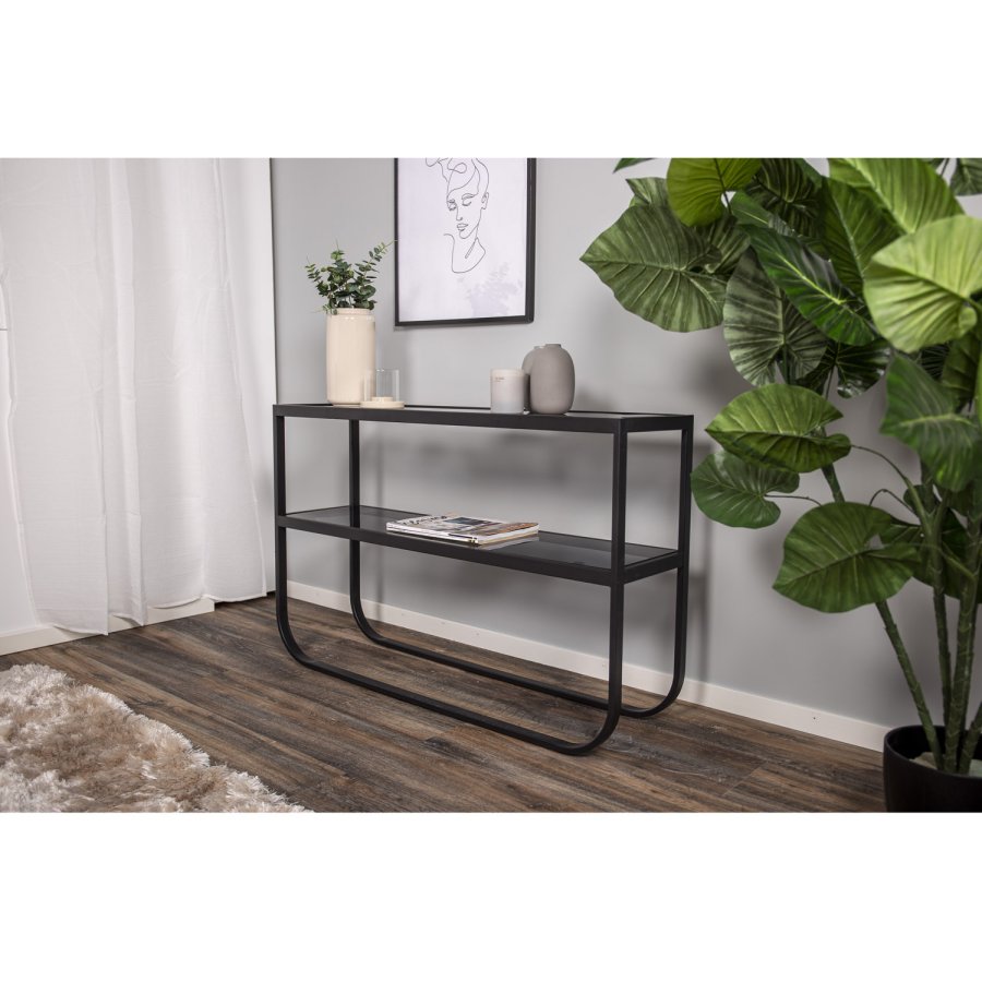 VENTURE DESIGN Rocker Sidobord, med 1 Hylla - Grtt Glas och Svart Metall (110 x 30 cm)