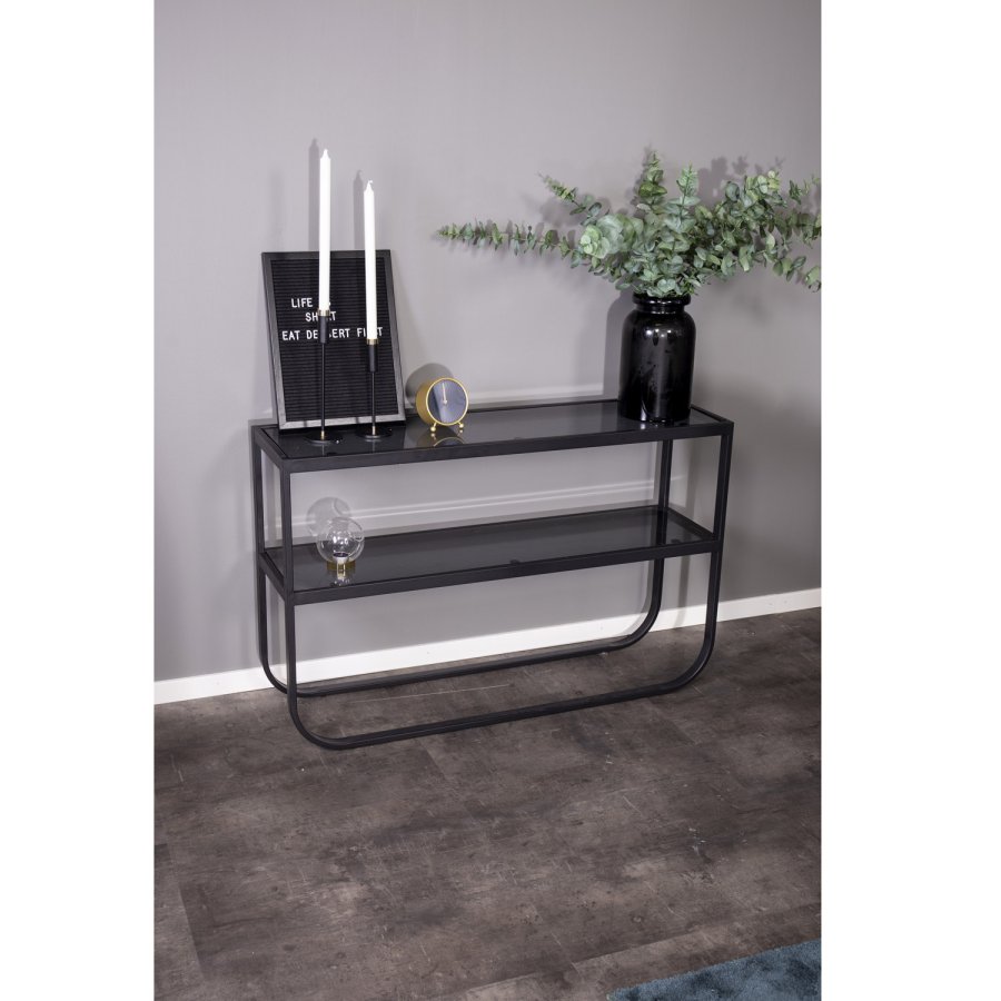 VENTURE DESIGN Rocker Sidobord, med 1 Hylla - Grtt Glas och Svart Metall (110 x 30 cm)