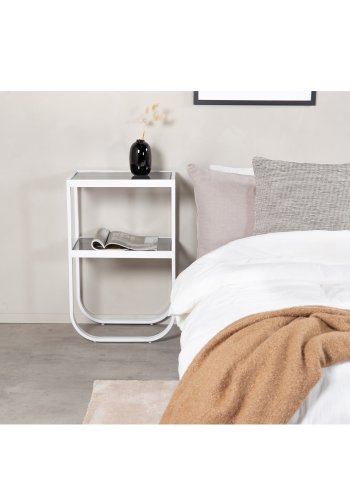 VENTURE DESIGN Rocker nattbord, med hylle - grtt rkt glass og hvitt metall (45x30)