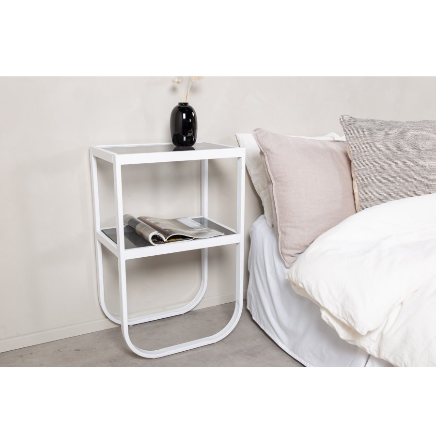 VENTURE DESIGN Rocker nattbord, med hylle - grtt rkt glass og hvitt metall (45x30)