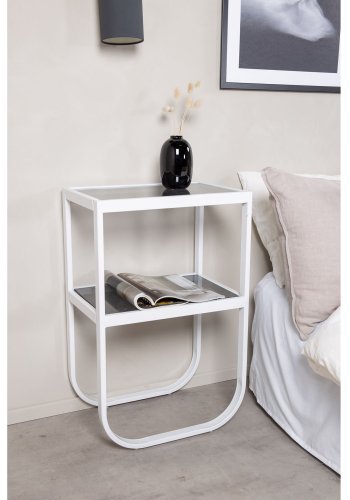 VENTURE DESIGN Rocker nattbord, med hylle - grtt rkt glass og hvitt metall (45x30)