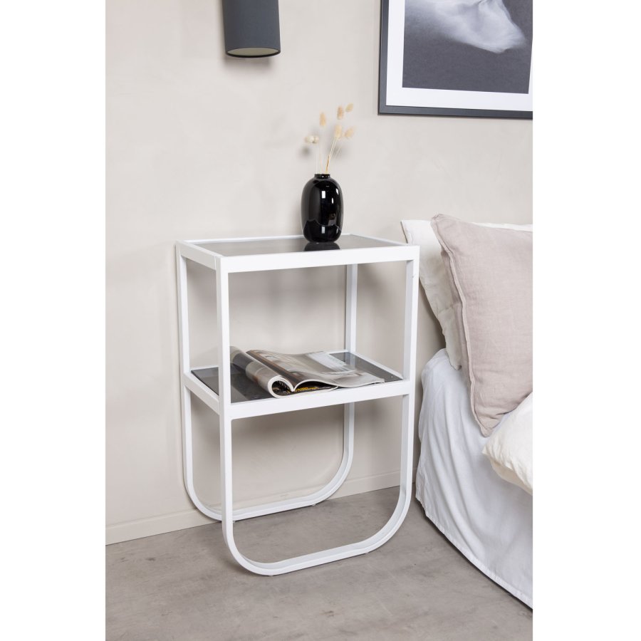 VENTURE DESIGN Rocker nattbord, med hylle - grtt rkt glass og hvitt metall (45x30)