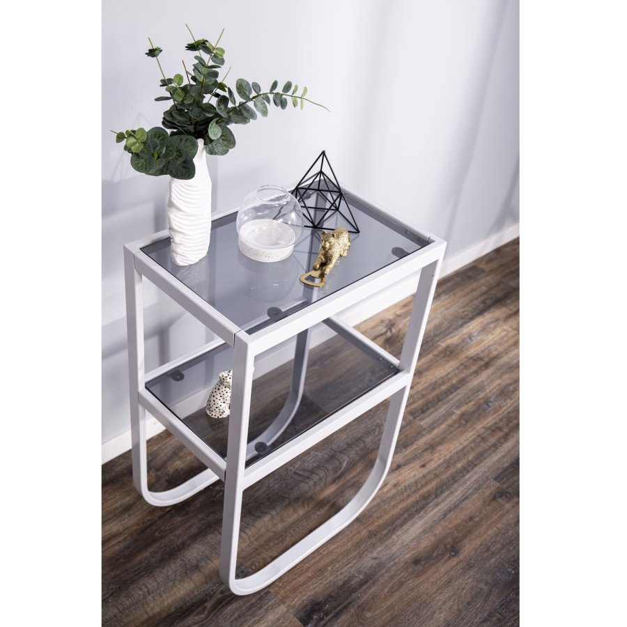 VENTURE DESIGN Rocker nattbord, med hylle - grtt rkt glass og hvitt metall (45x30)