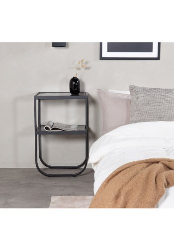 VENTURE DESIGN Rocker nattbord, med hylle - grtt rkt glass og svart metall (45x30)