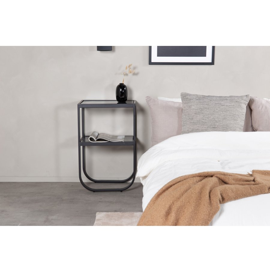 VENTURE DESIGN Rocker nattbord, med hylle - grtt rkt glass og svart metall (45x30)