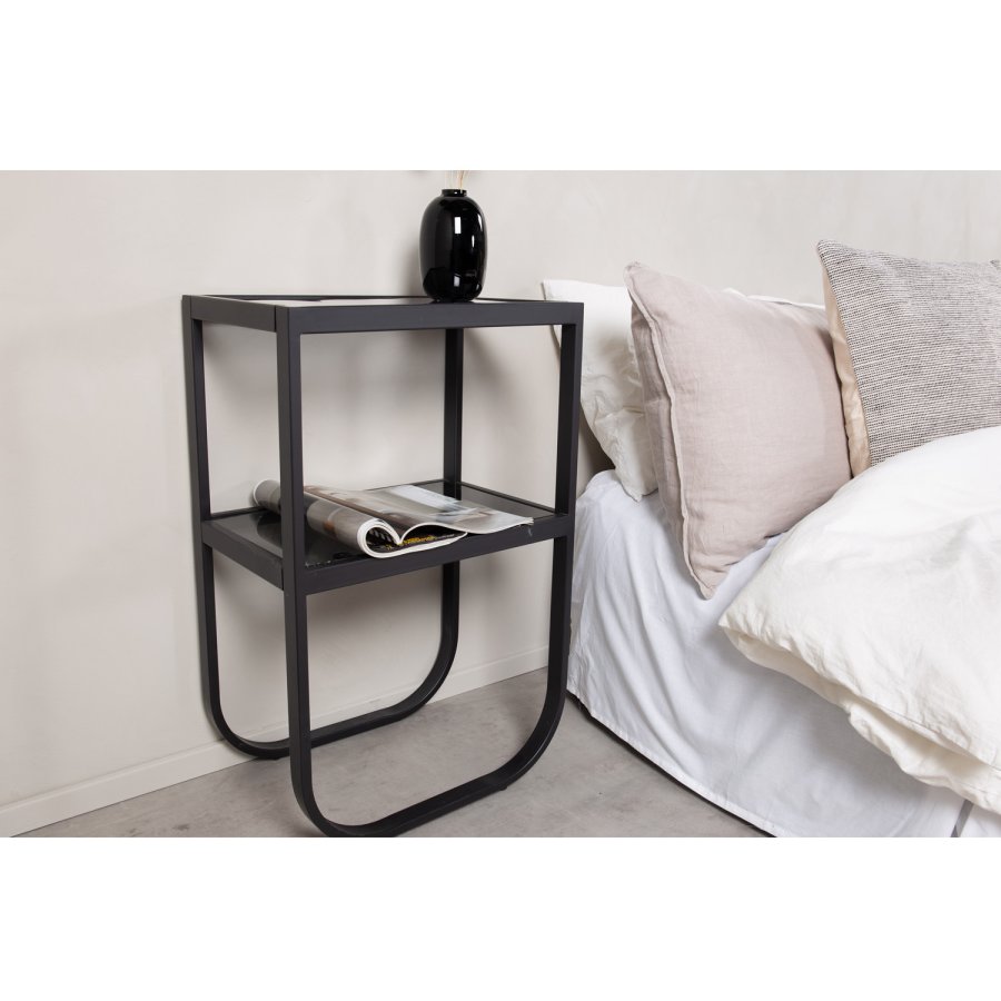 VENTURE DESIGN Rocker nattbord, med hylle - grtt rkt glass og svart metall (45x30)