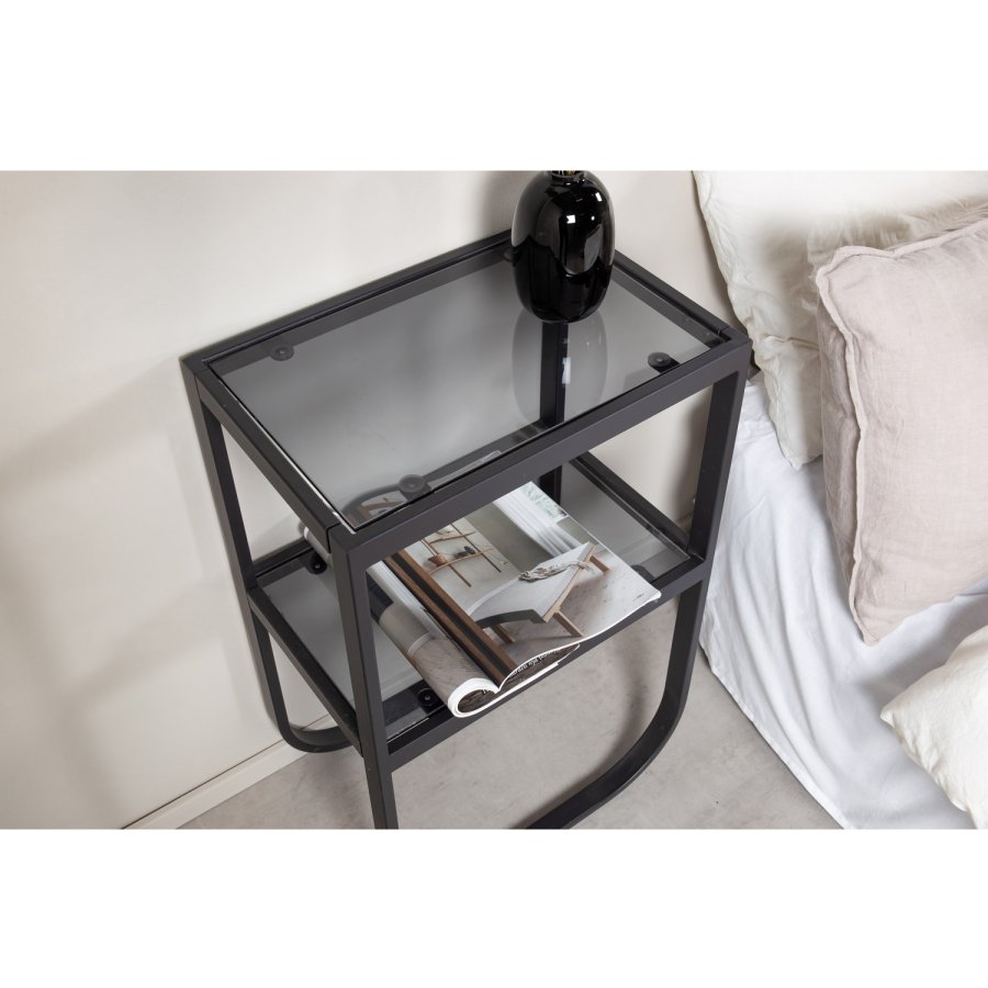 VENTURE DESIGN Rocker nattbord, med hylle - grtt rkt glass og svart metall (45x30)