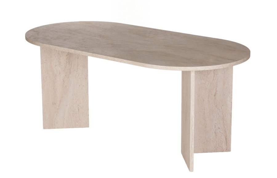 NORDV&Auml;RK Meridia spisebordss�t, m. 1 bord og 6 stole - sand travertin melamin, hvid chenille polyester, m�rk valn�d b�g
