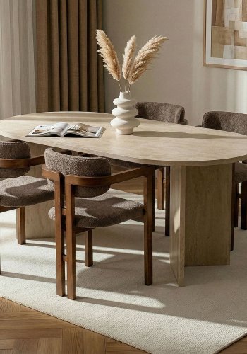 NORDV&Auml;RK Meridia spisebordss�t, m. 1 bord og 4 stole - sand travertin melamin, brun chenille polyester, m�rk valn�d b�g