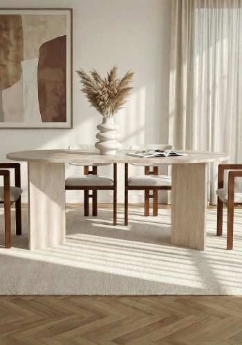NORDV&Auml;RK Meridia spisebordss�t, m. 1 bord og 4 stole - sand travertin melamin, hvid chenille polyester, m�rk valn�d b�g