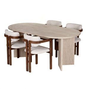NORDV&Auml;RK Meridia spisebordss�t, m. 1 bord og 4 stole - sand travertin melamin, hvid chenille polyester, m�rk valn�d b�g