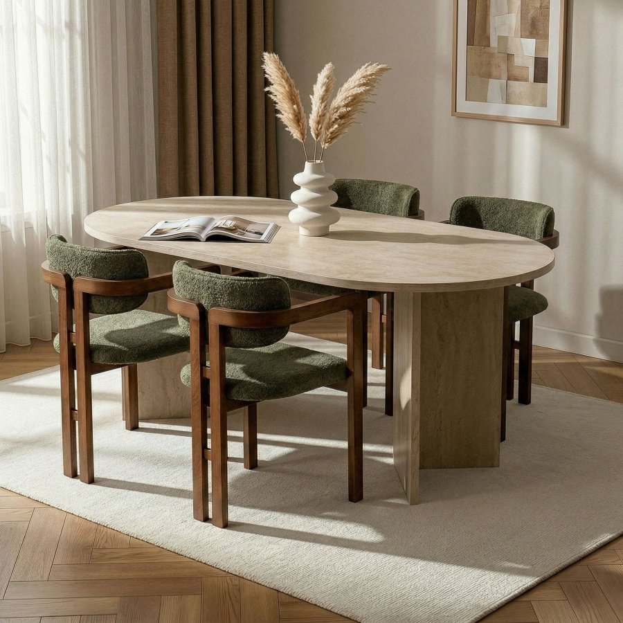 NORDV&Auml;RK Meridia spisebordss�t, m. 1 bord og 4 stole - sand travertin melamin, gr�n chenille polyester, m�rk valn�d b�g