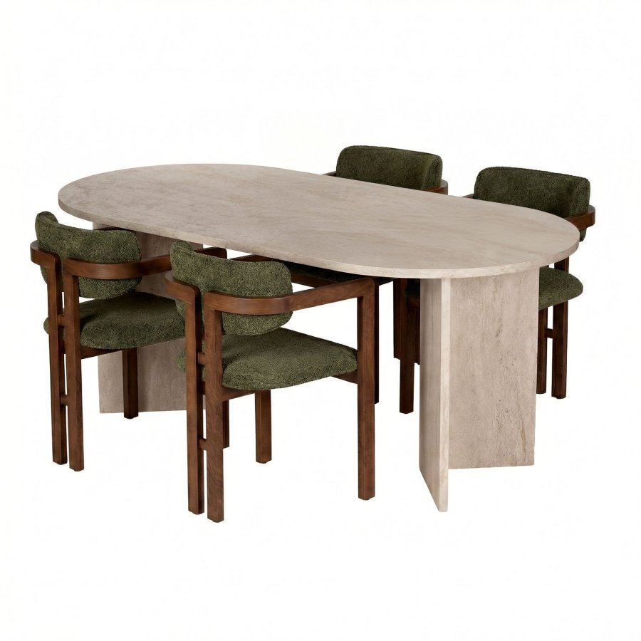 NORDV&Auml;RK Meridia spisebordss�t, m. 1 bord og 4 stole - sand travertin melamin, gr�n chenille polyester, m�rk valn�d b�g
