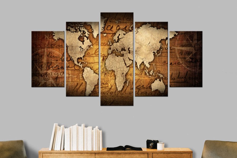 Artgeist Amber Map - Antikt Verdenskort trykt p� l�rred, 5-delt - Flere st�rrelser