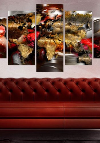 Artgeist Ruby Ribbon - Abstrakt verdenskort trykt p lrred, 5-delt (100x50 cm)