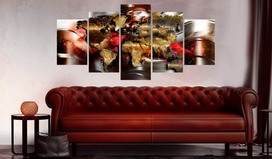 Artgeist Ruby Ribbon - Abstrakt verdenskort trykt p lrred, 5-delt (100x50 cm)