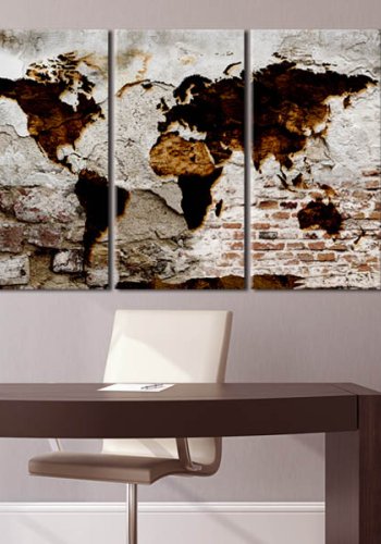 Artgeist Urban Travels - Rustikt verdenskort trykt p� l�rred, 3-delt - Flere st�rrelser