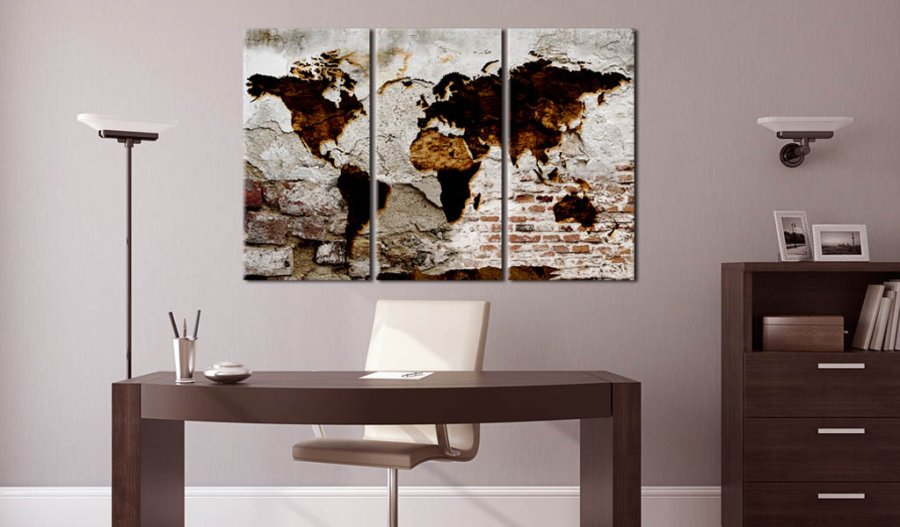 Artgeist Urban Travels - Rustikt verdenskort trykt p� l�rred, 3-delt - Flere st�rrelser