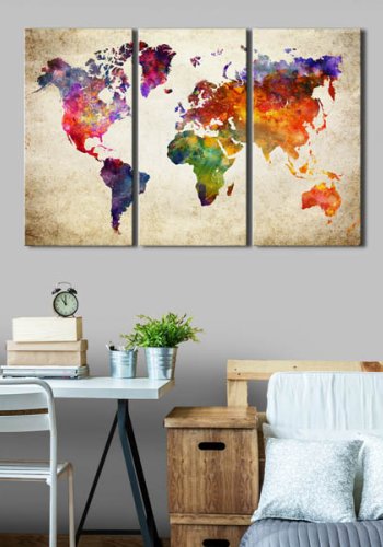 Artgeist - Verdenskort med vandfarve look trykt p� l�rred, 3-delt - Flere st�rrelser
