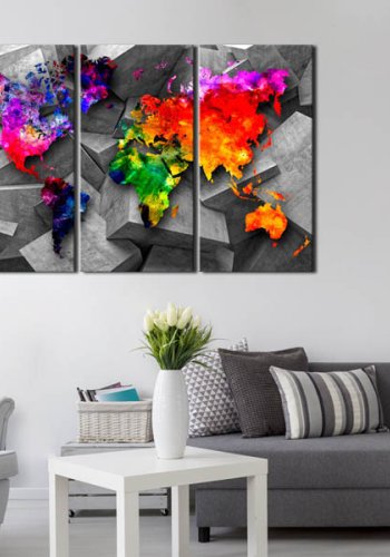 Artgeist Symmetry of the World - Farverigt verdenskort trykt p� l�rred, 3-delt - Flere st�rrelser