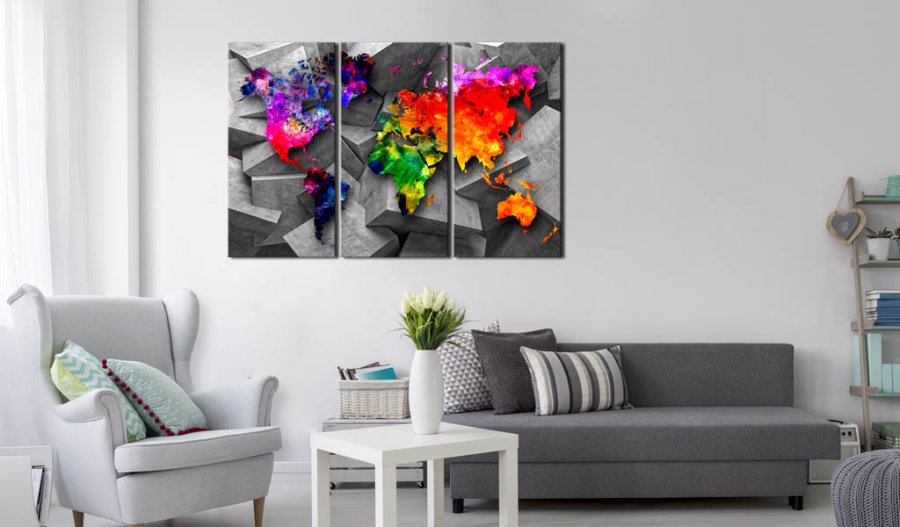 Artgeist Symmetry of the World - Farverigt verdenskort trykt p� l�rred, 3-delt - Flere st�rrelser