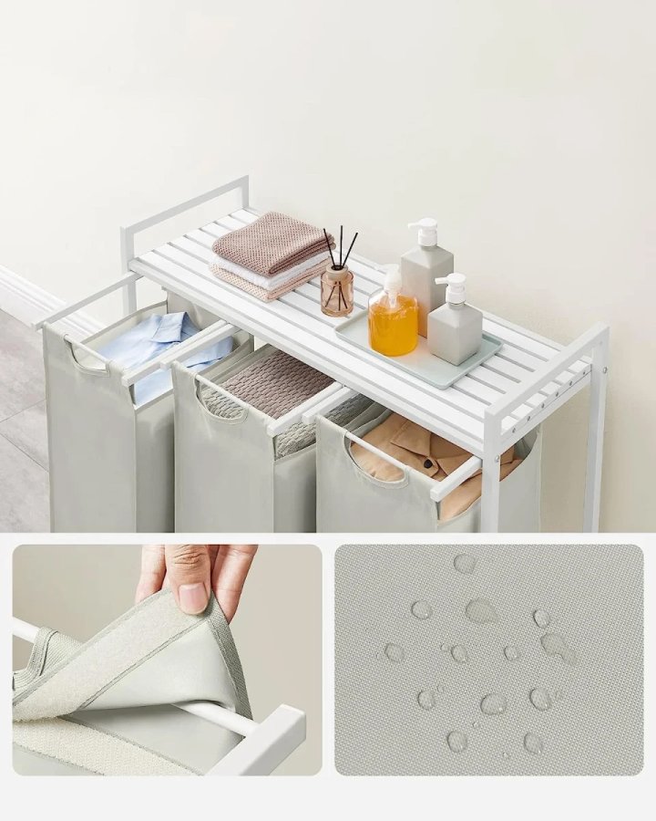 VASAGLE Wschekorb, m. 3 ausziehbaren und herausnehmbaren Wschescken, 1 Ablage  Stoff, weies MDF/Stahl