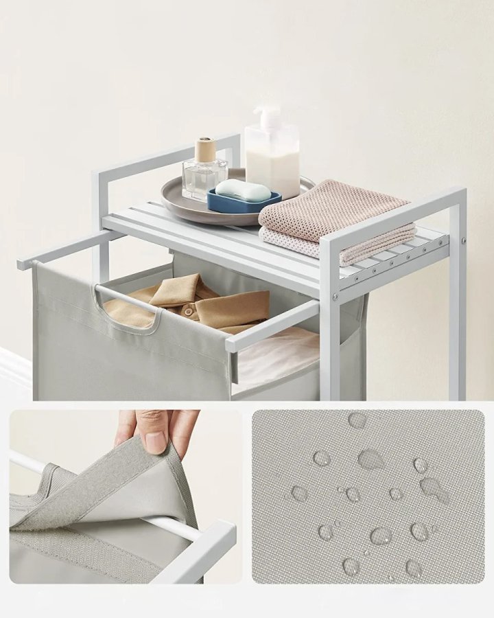 VASAGLE Wäschekorb, mit ausziehbarem und herausnehmbarem Wäschesack und 1 Ablage – Stoff und weißes MDF/Stahl