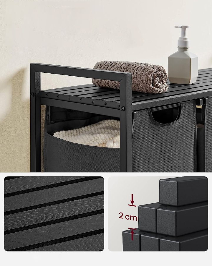 VASAGLE vasketjskurv, m. 3 udtrkkelige og aftagelige vasketjsposer, 1 hylde - stof, sort MDF/stl