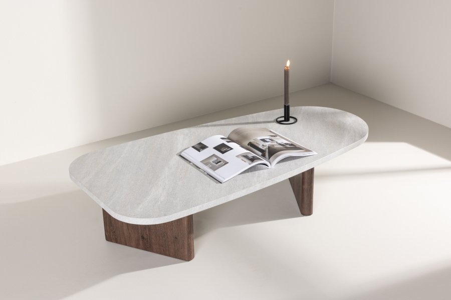 VENTURE DESIGN Grönvik Couchtisch – hellgraue Betonoptik und Mocca-MDF (130x65)