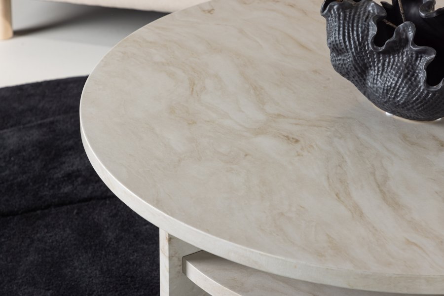 VENTURE DESIGN lesund salongbord, m. hylle, rund - beige marmorlook MDF (85)