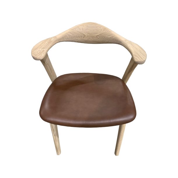 Designer spisebordsstol, m. armln - mrk brun lder og massivt hvidolieret egetr