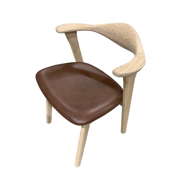 Designer spisebordsstol, m. armln - mrk brun lder og massivt hvidolieret egetr