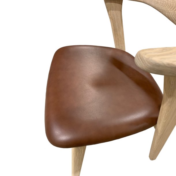 Designer spisebordsstol, m. armln - mrk brun lder og massivt hvidolieret egetr