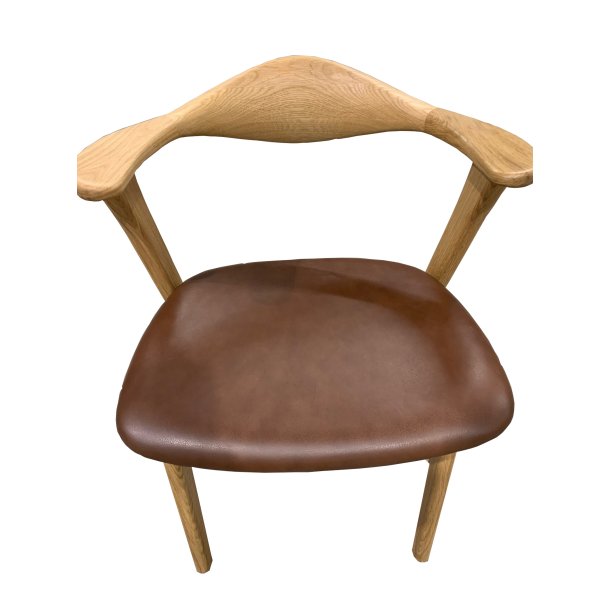 Designer spisebordsstol, m. armln - mrk brun lder og massivt naturfarvet egetr