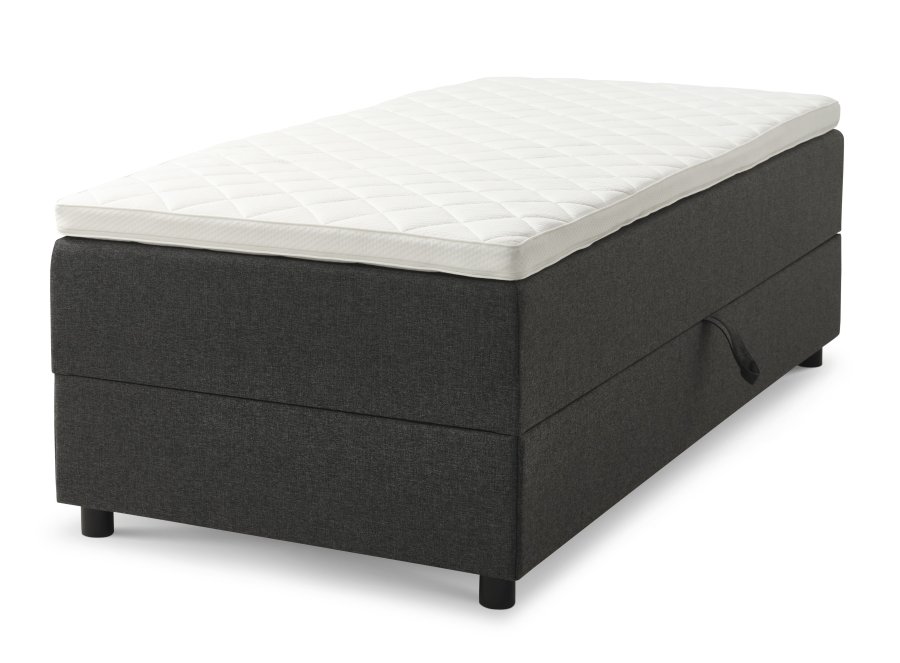 Space Dreams sengebunn, m. oppbevaring, m. overmadrass - antrasittgr stoff og sort tre (200x90)