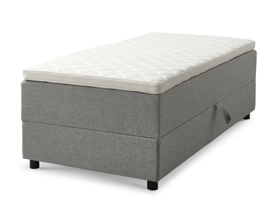 Space Dreams sengebunn, m. oppbevaring, m. overmadrass - lysegrt stoff og sort tre (200x90)