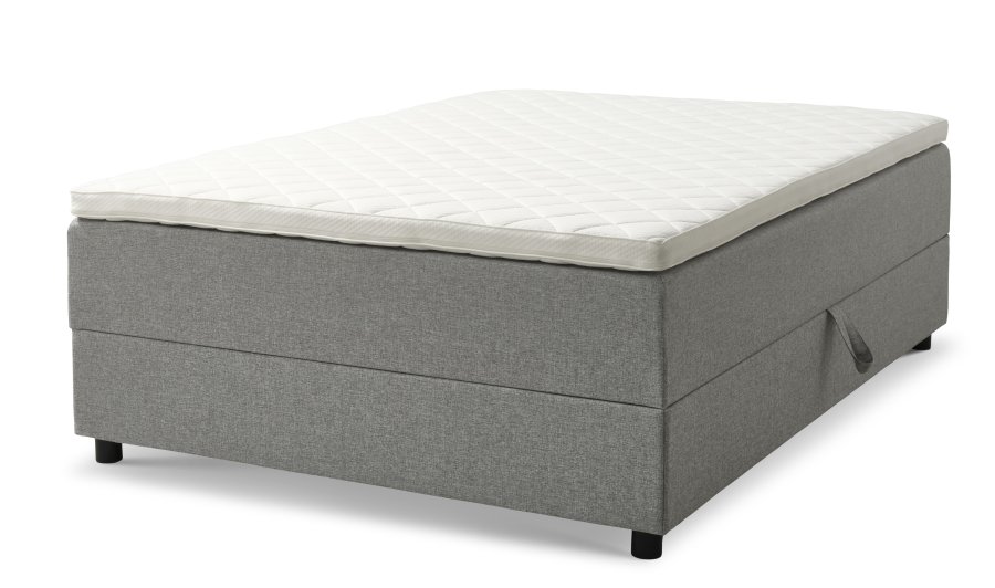 Space Dreams sengebunn, m. oppbevaring, m. overmadrass - lysegr stoff og sort tre (200x140)