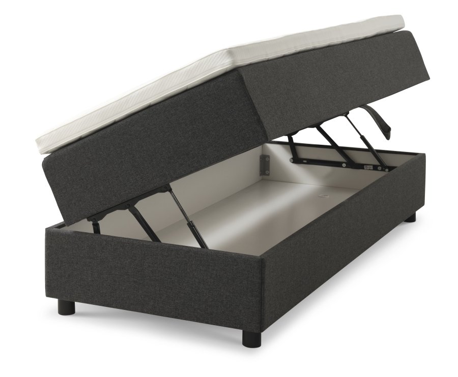 Space Dreams sengebunn, m. oppbevaring, m. overmadrass - antrasittgr stoff og sort tre (200x80)