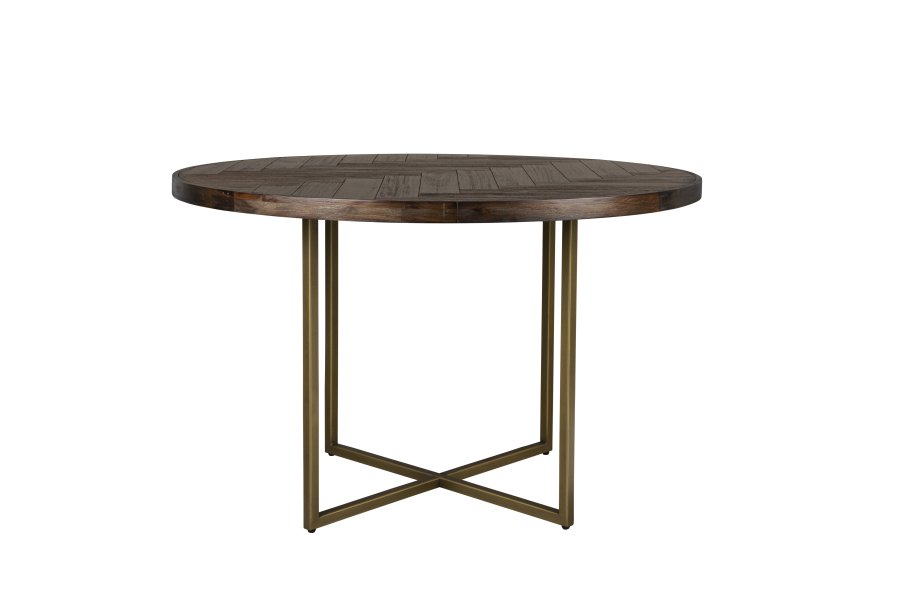 DUTCHBONE Class Esstisch, Fischgrätmuster, rund – braunes Akazienholz und goldener Stahl (120)