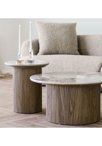 HOUSE NORDIC Athens soffbord, runt - vit keramik och brunt dekorpapper (�80)