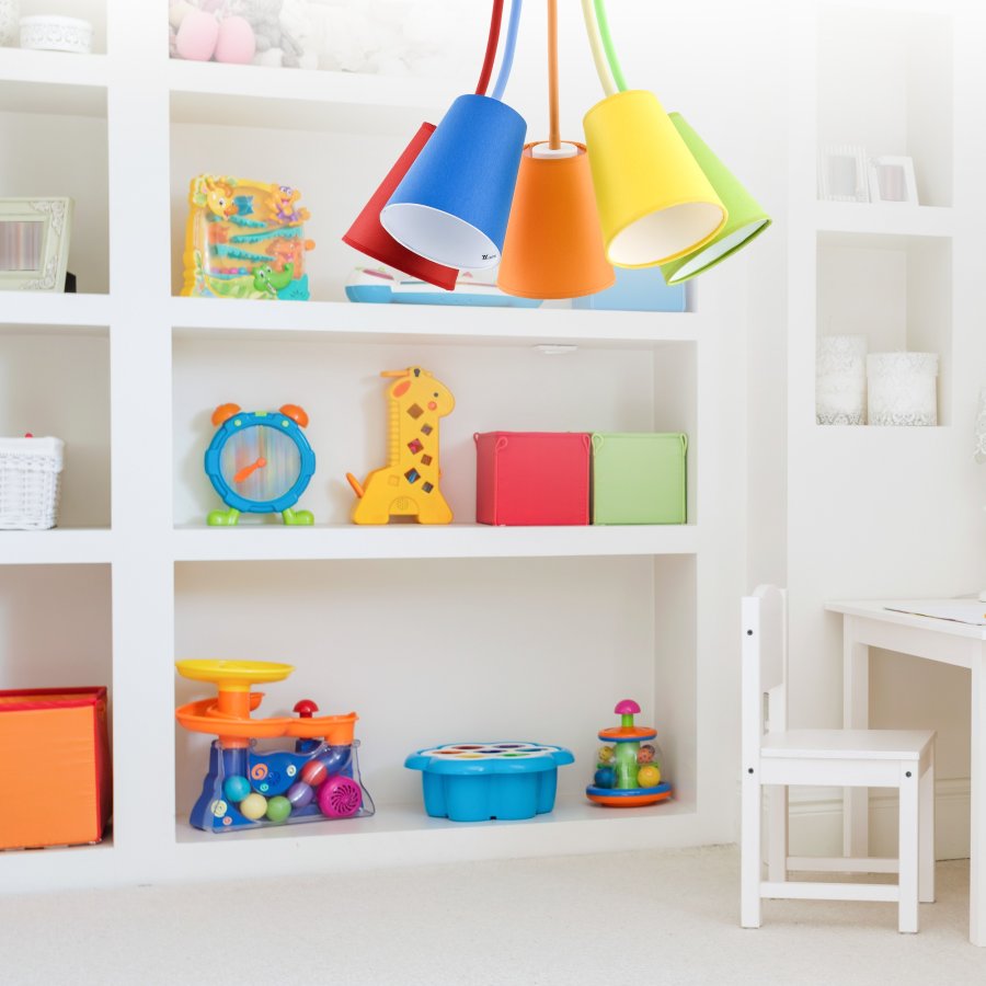 TK Trdfarve taklampe, m. 5 skjermer - flerfarget stoff og hvitt metall