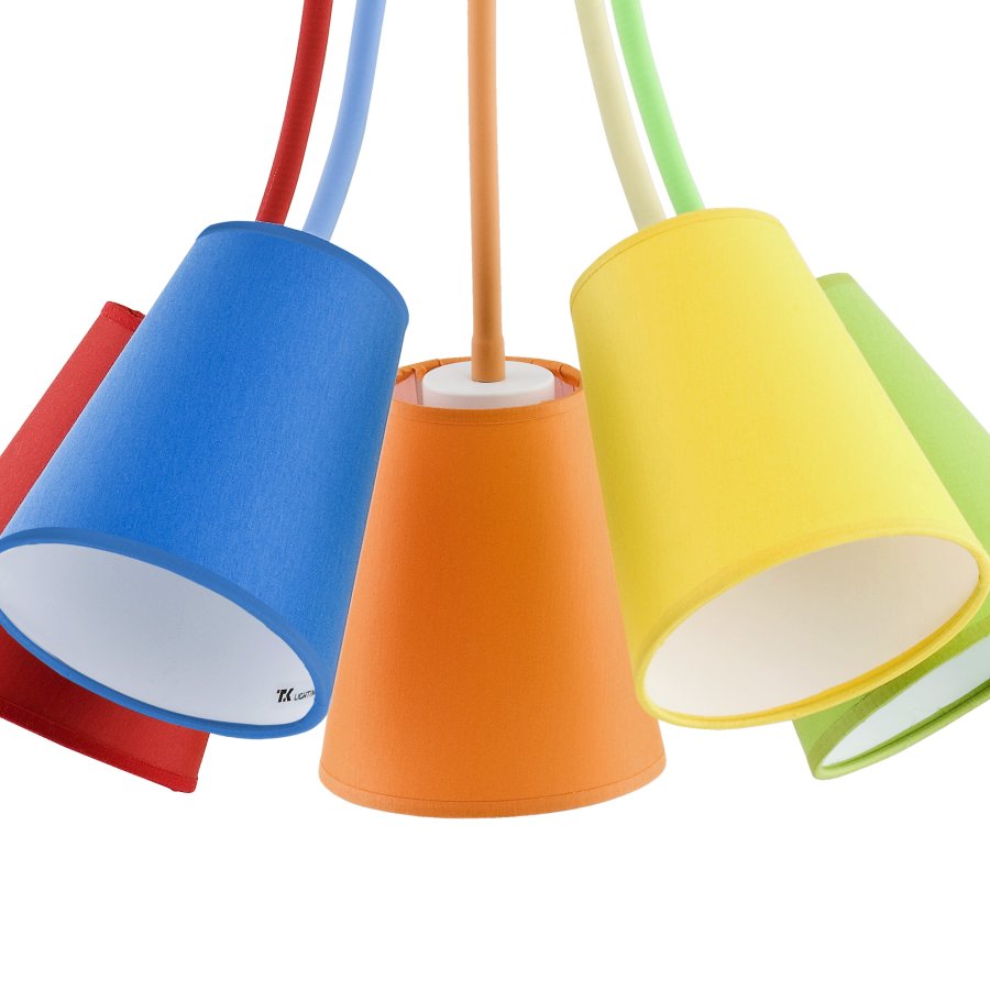 TK Trdfarve taklampe, m. 5 skjermer - flerfarget stoff og hvitt metall