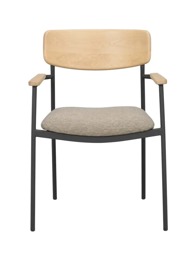 ROWICO Maymont spisebordstol, m. armlen, stables - mrk beige stoff, naturlig eik og svart metall