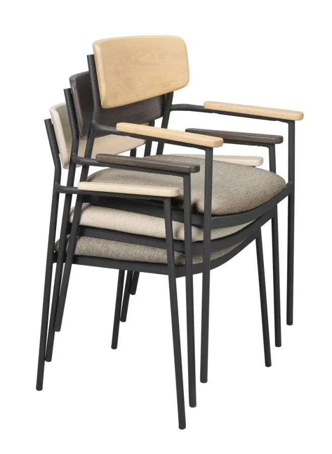 ROWICO Maymont spisebordstol, m. armlen, stablebar - mrk beige stoff/hvitpigmentert eik/svart metall