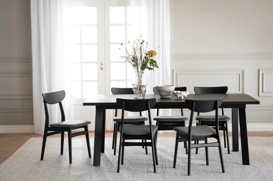 ROWICO Winnipeg spisebord, med uttrekk - svart eikefiner og svart metall (200x100)