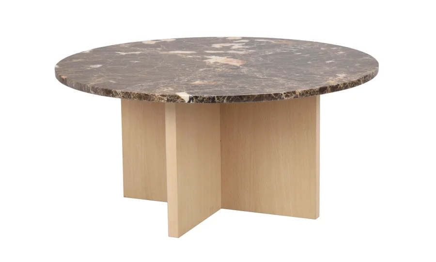 ROWICO Brooksville sofabord, rund - brun marmor og hvidpigmenteret egefinér (90)
